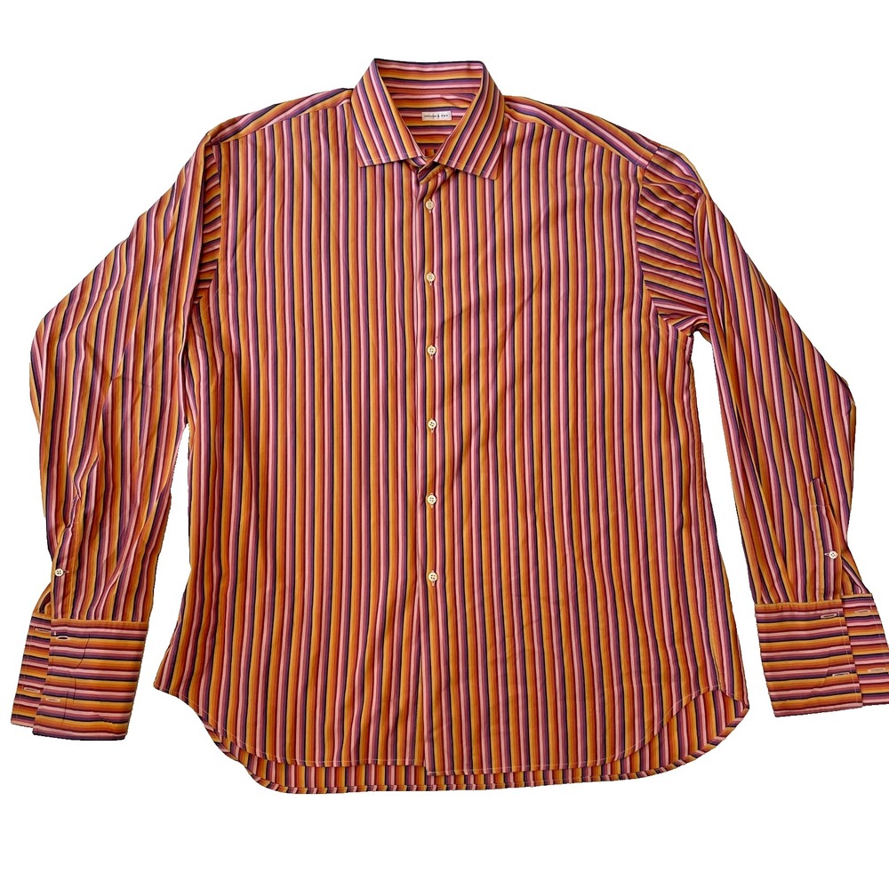Arthur & Fox Mens Long Sleeve Orange Striped Buttoned Shirt, Size 44 / US XL - Picture 2 of 10